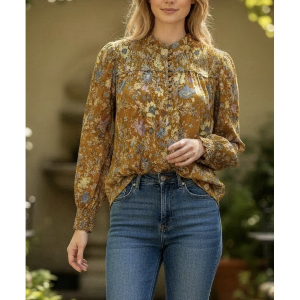Karina Grimaldi Metallic Floral Blouse M Boho Shimmer Sheer Smocked Lurex Top
